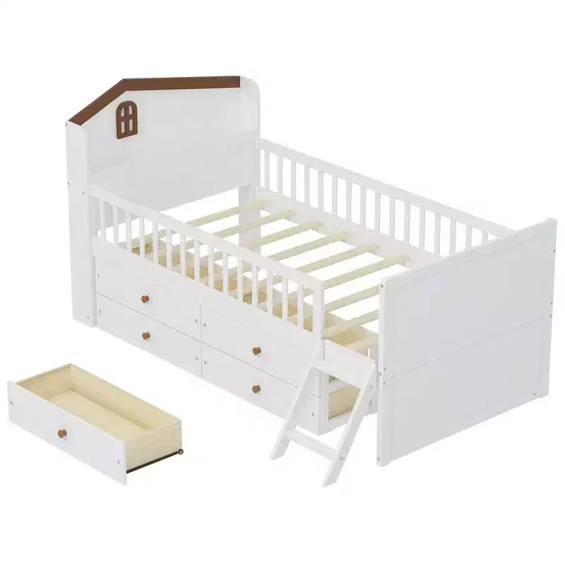 Whisen Twin Wooden Bed Frame, Platform Bed Frame with Storage 4 Drawers, Guardrail Headboard and Ladder