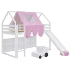 Lit mezzanine bas pour enfants avec toboggan et étagères de rangement, cadre de lit mezzanine en bois avec tente et escaliers