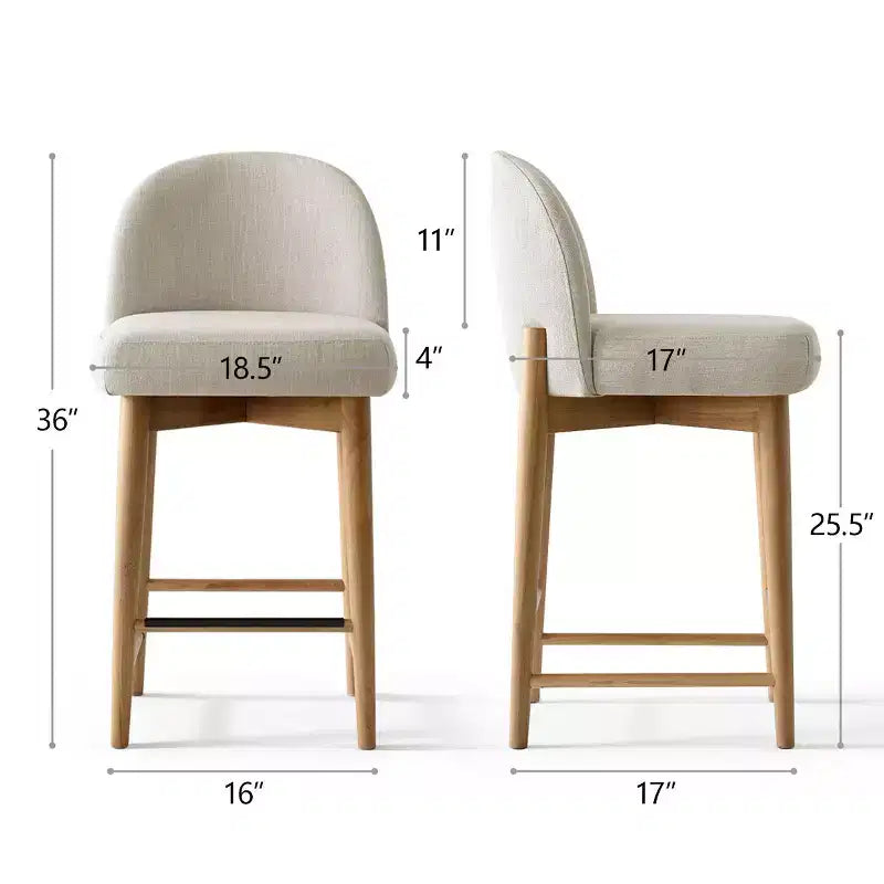 Lot de 2 tabourets de bar modernes hauteur comptoir, 26 po, chaises rembourrées en lin pour îlot de cuisine avec pieds en bois massif et dossier incurvé - Panipeachy