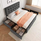 Storage Bed Frame with 4 Drawers & Adjustable Headboard - Upholstered Platform Bed