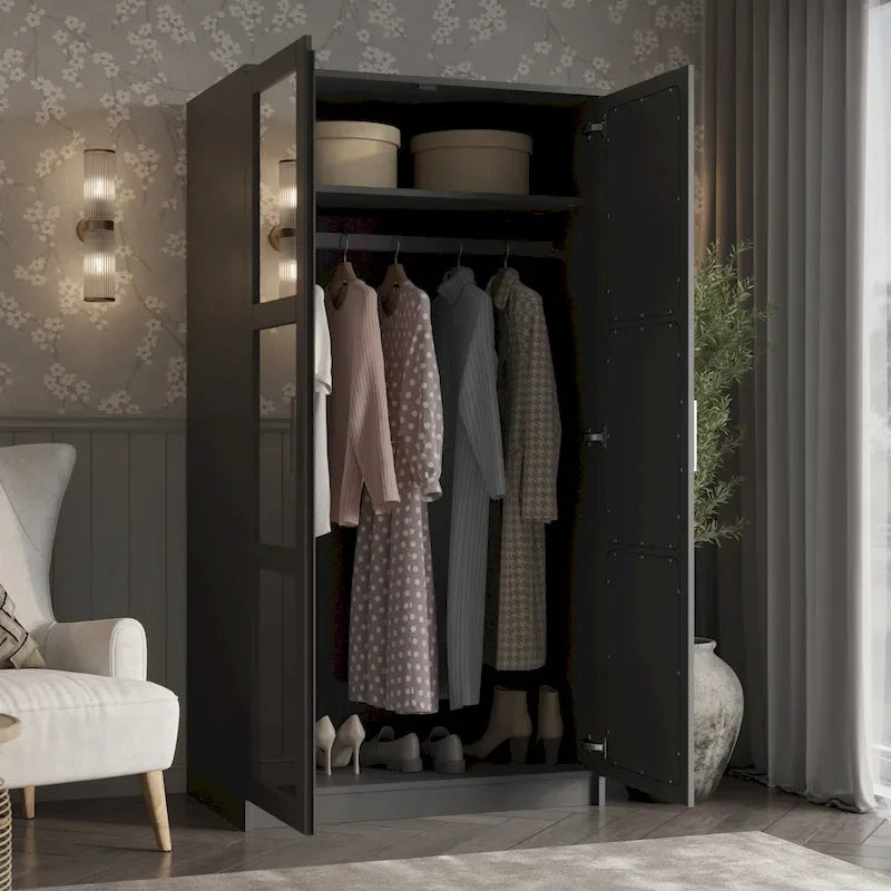 100% Solid Wood 2-Door Urban Wardrobe Armoire with Solid and Mirrored Doors