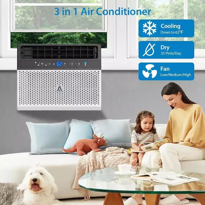 U-Shaped 8,000 BTU Window Air Conditioner  Ultra Quiet  Energy Efficient  Adjustable Depth  Remote Control  Washable Filter