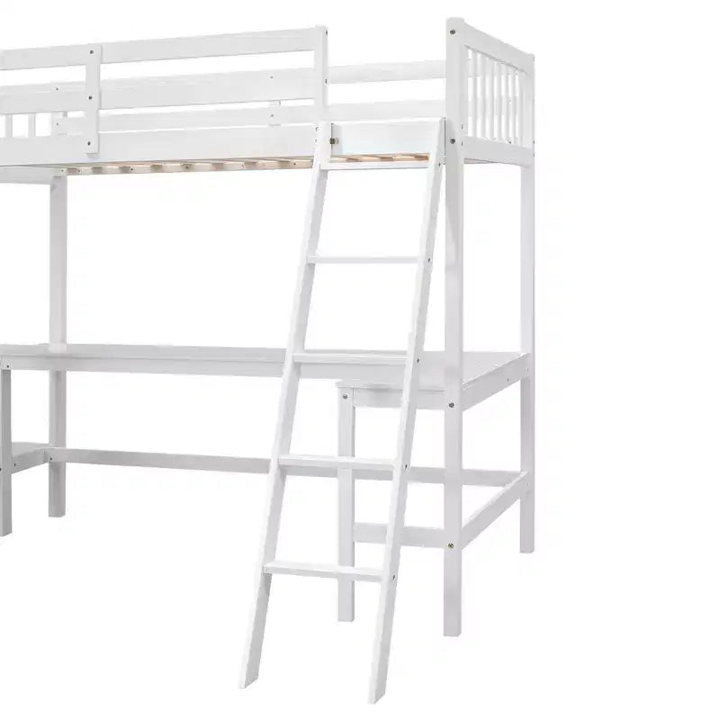 119''L 79.5''W Wood Twin Size L-Shaped Loft Bed with Ladder and 2 Built-in L-Shaped Desks