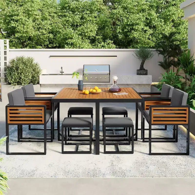GDFStudio Donald Patio 9-Piece Acacia Wood Dining Set with Square Table, 4 Cushioned Chairs and 4 Stools