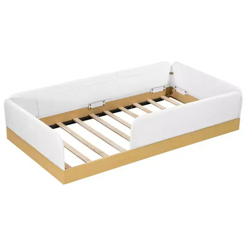 Twin Size Upholstered Platform Bed Frame with Velvet Guardrails & 3 Built-In Storage Bags, Natural