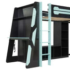 L-Shaped Gaming Loft Bed with Desks, Double Twin Loft Beds with LED Lights, USB Ports, Storage Bookshelves, Wood Corner Loft Bed for 2