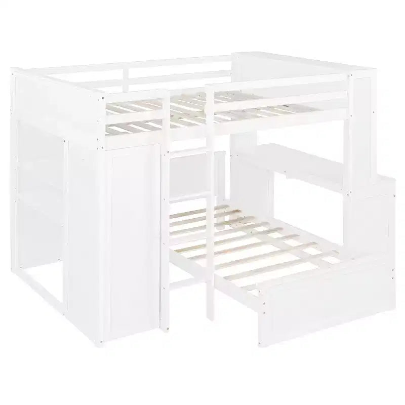 Luxystar Full over Twin L Shaped Bunk Bed with Desk, Bookcase and Wardrobe