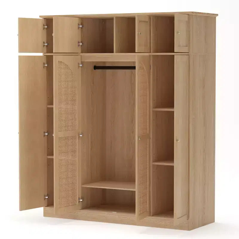 70.87Tall 8-Door Large Capacity Armoire Wardrobe Closet with Hanging Rod, Adjustable Shelves and Rattan Decorative Doors