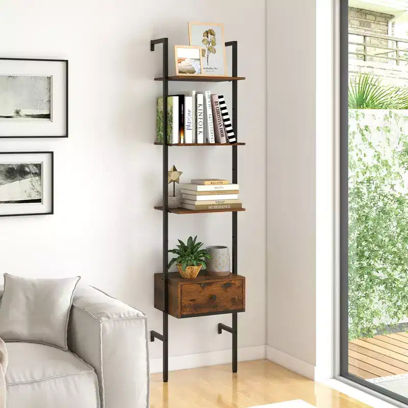 Costway 2 PCS 5-Tier Bookshelf w/ Drawer 70 Wall Mount Ladder Bookcase w/ Metal Frame
