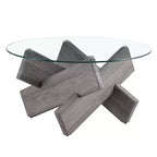 Okak Modern Circular Glass Coffee Table, Small Distinctive Design Tea Table Wood Legs for Living Room Reception Office Farmhouses