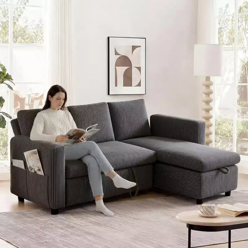 Dyonery 2 in 1 Pull Out Sleeper Sofa with Storage Chaise C Corduroy Sectional Couch with USB Ports for Living Room