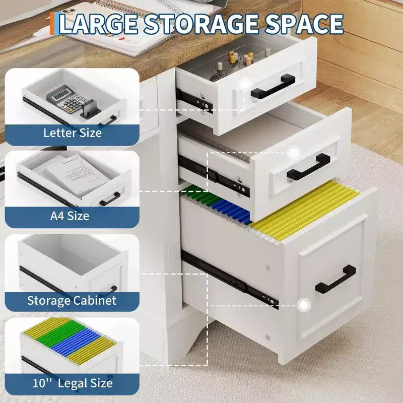 58 Wide Wooden Desk with File Cabinet & Storage Drawers - Multi-Functional Computer Table for Bedroom, Game Room & Office