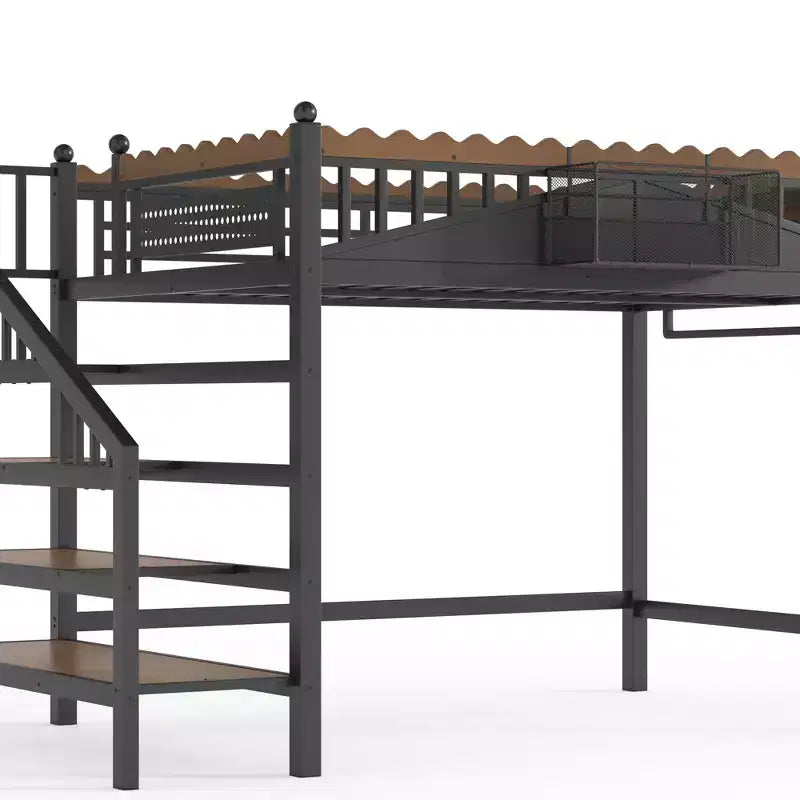 Lit mezzanine en métal ModernLuxe Twin XL/Full/Queen avec escaliers de rangement et étagères, cadre de lit mezzanine robuste, noir