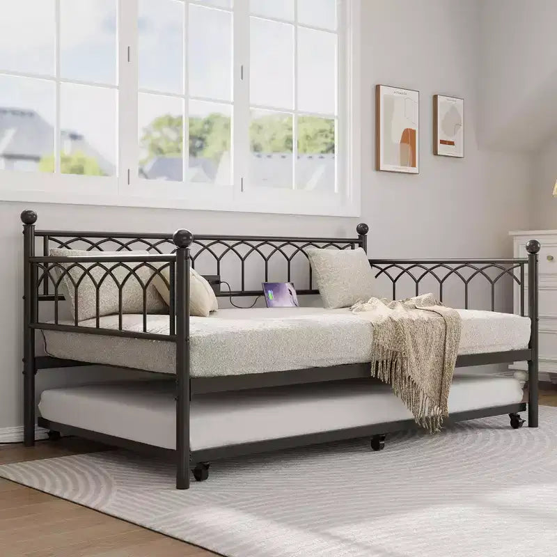 Twin Daybed with Trundle,with Charging Station & LED Lights,Metal Sofa Bed Frame with Pull Out Trundle for Living Room,Bedroom,Guest Room,Apartment