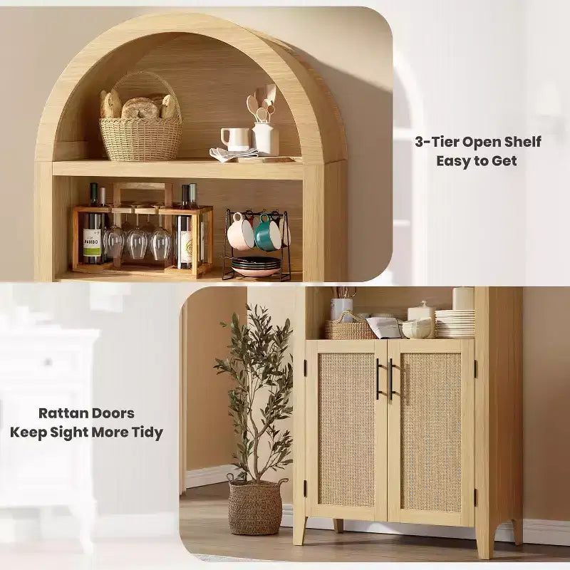 5-Tier Open Display Shelf with Rattan Decor, Farmhouse Storage Cabinet, Arched Kitchen Pantry Storage Cabinet, for Home, Office, Living Room