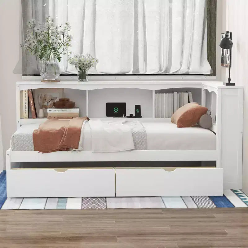 White / Wood Twin Size Daybed with Storage Drawers, Cabinets & USB Ports 窶・1 Person