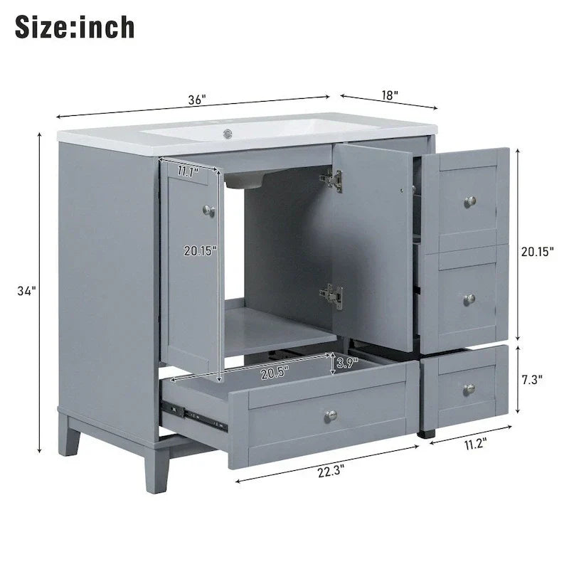 36 Inch Bathroom Vanity with USB Charging, Resin Sink, Solid Wood Frame, 3 Drawers Storage