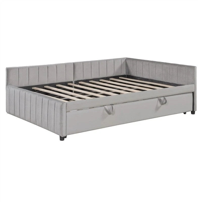 Upholstered Daybed with Twin Size Pop Up Trundle, Full Size Daybed Frame Sofa Bed with L-Shaped Backrest and Striped Design