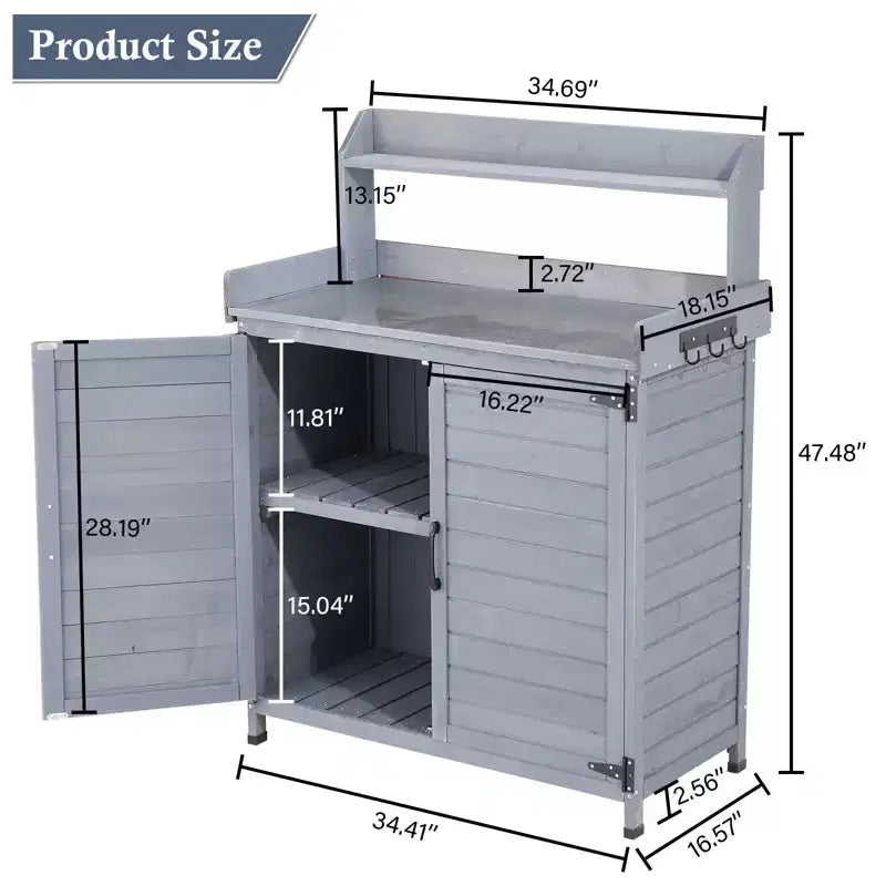 Outdoor Potting Bench with Foldable Shelf, Storage Cabinet & Durable Galvanized Metal Worktop for Garden, Patio, or Backyard