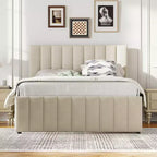 Full Size Upholstered Platform Bed with Twin Size Trundle and 3 Drawers, Linen Fabric, Beige