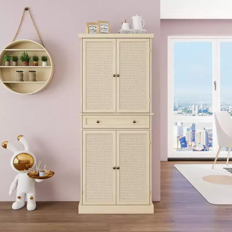 Meuble de rangement haut Okak avec 4 portes en rotin/sculptées, meuble de rangement avec 1 tiroir et 4 étagères intérieures réglables, meuble d'appoint pour salon, chambre à coucher