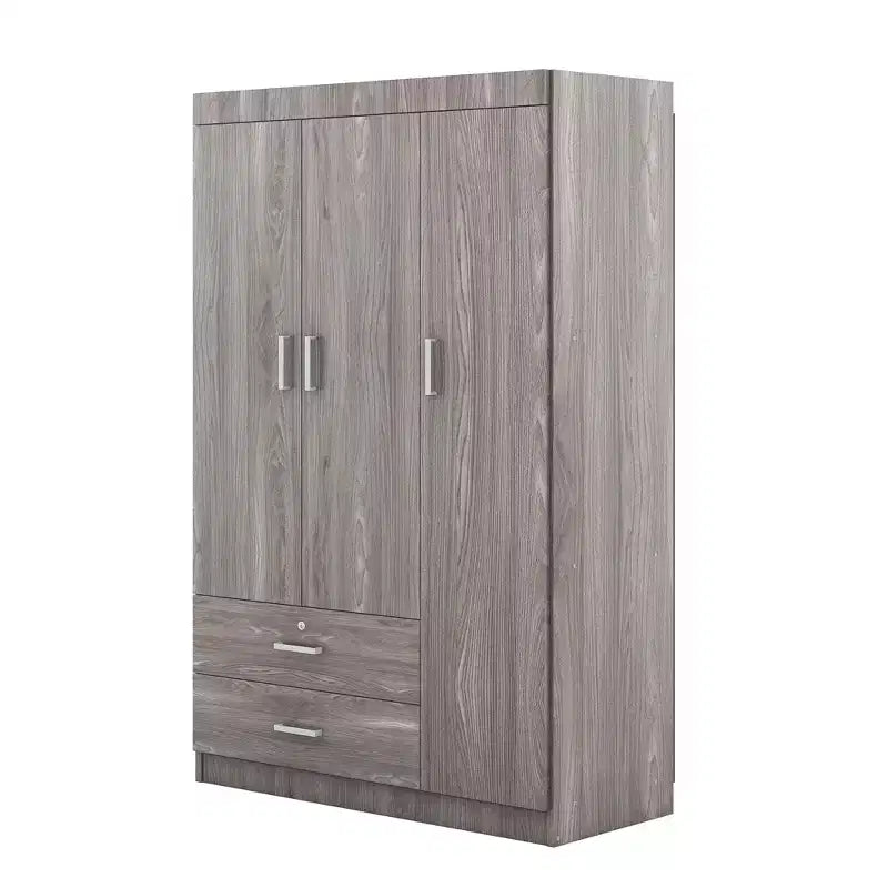 Whisen Wood 3-Door Wardrobe Armoire with Hanging Rod, 2-Drawers, and Storage Shelves