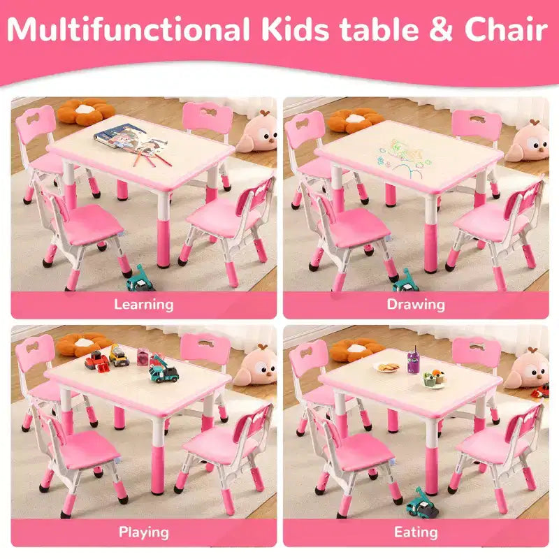 Children's table and 4 chairs, height-adjustable, doodle tabletop, multifunctional children's table and chair set for reading, drawing, dining