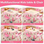 Children's table and 4 chairs, height-adjustable, doodle tabletop, multifunctional children's table and chair set for reading, drawing, dining
