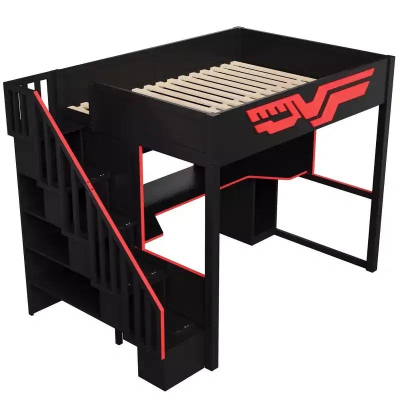 Full Gaming Loft Bed with Desk and LED Light, Wood Full Size Stairway High Loft Bed and Storage Staircase and USB, Red+Black