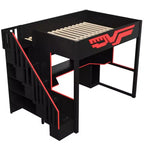 Full Gaming Loft Bed with Desk and LED Light, Wood Full Size Stairway High Loft Bed and Storage Staircase and USB, Red+Black