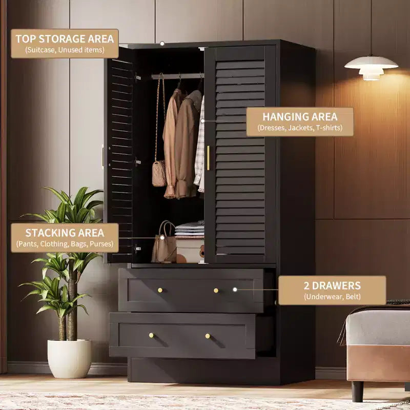 Armoire à persiennes GustoWave 65, Placard en bois avec 2 portes et 2 tiroirs, Rangement avec tringle à suspendre pour chambre à coucher