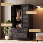 Armoire à persiennes GustoWave 65, Placard en bois avec 2 portes et 2 tiroirs, Rangement avec tringle à suspendre pour chambre à coucher