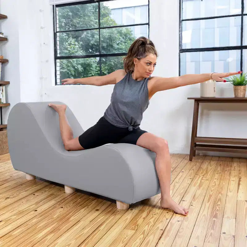 Avana Chaise Lounge Chair for Stretching and Relaxation, Hevea Wood Feet, Faux Leather - Submarine Grey