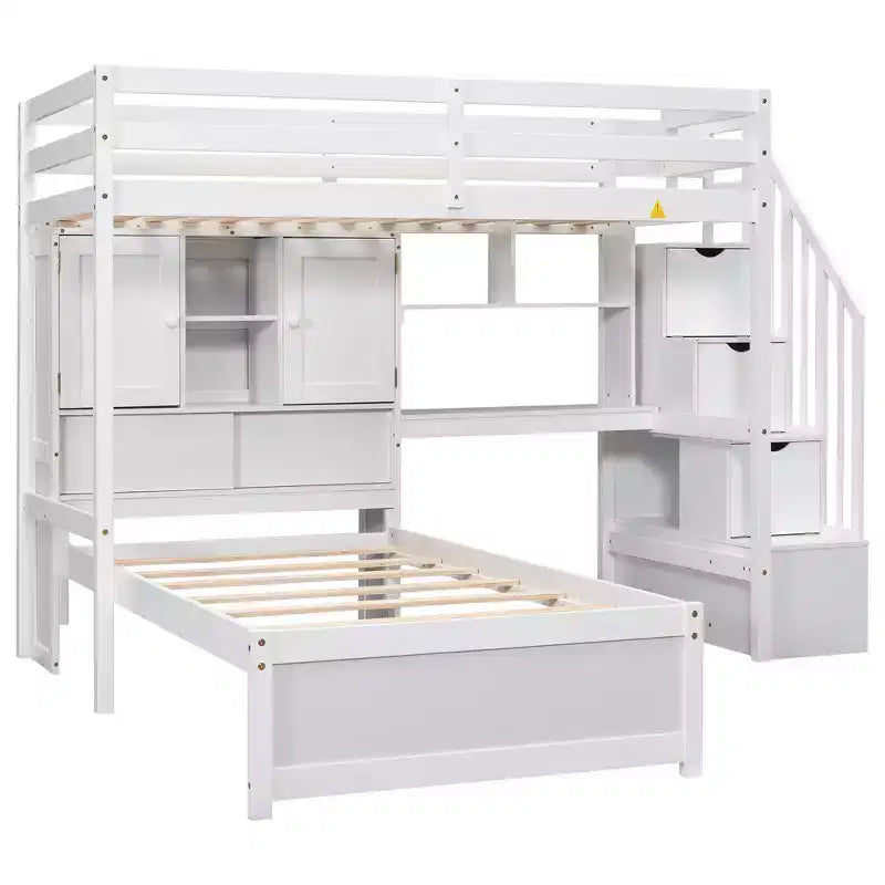 Wood Twin Size Bunk Bed with Desk and Staircase, L-Shaped Twin over Twin Loft Bed with Storage Compartments and Shelves