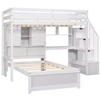 Wood Twin Size Bunk Bed with Desk and Staircase, L-Shaped Twin over Twin Loft Bed with Storage Compartments and Shelves