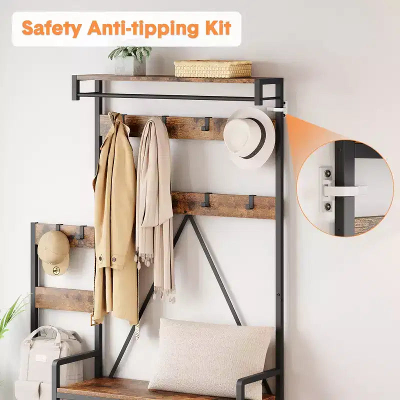 Entryway Shoe Storage Rack with Bench, Coat Rack Hall Tree with 7 Hooks and Storage Shelf, Entryway Coat Rack for Hallway Mudroom Bedroom
