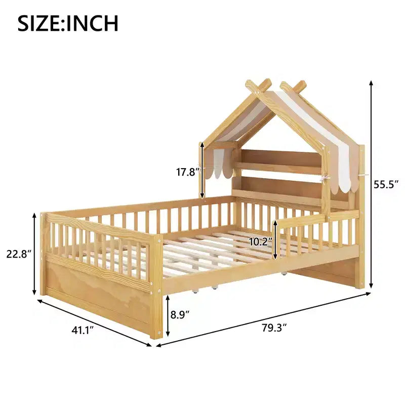 ModernLuxe Twin/Full Size Wooden House Bed with Storage Headboard, Solid Pine Kids Bed Frame with Guardrails