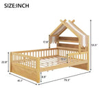 ModernLuxe Twin/Full Size Wooden House Bed with Storage Headboard, Solid Pine Kids Bed Frame with Guardrails