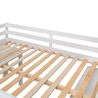 Full Size Low Loft Bed with Rolling Desk, 3 Drawers and Shelves