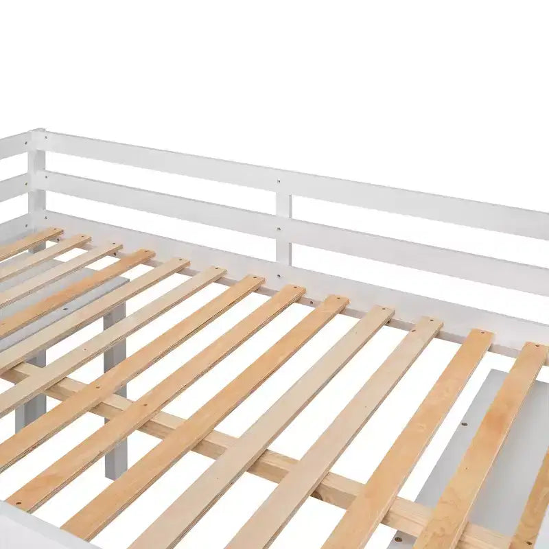 Full Size Low Loft Bed with Rolling Desk, 3 Drawers and Shelves