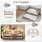 Twin Daybed with Trundle,with Charging Station & LED Lights,Metal Sofa Bed Frame with Pull Out Trundle for Living Room,Bedroom,Guest Room,Apartment