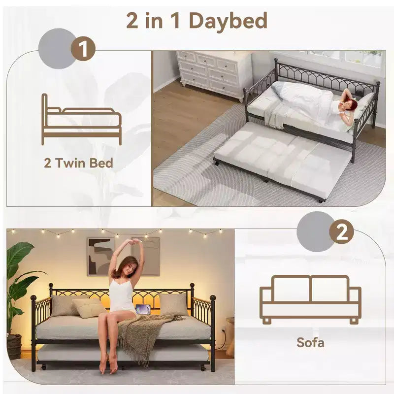 Twin Daybed with Trundle,with Charging Station & LED Lights,Metal Sofa Bed Frame with Pull Out Trundle for Living Room,Bedroom,Guest Room,Apartment
