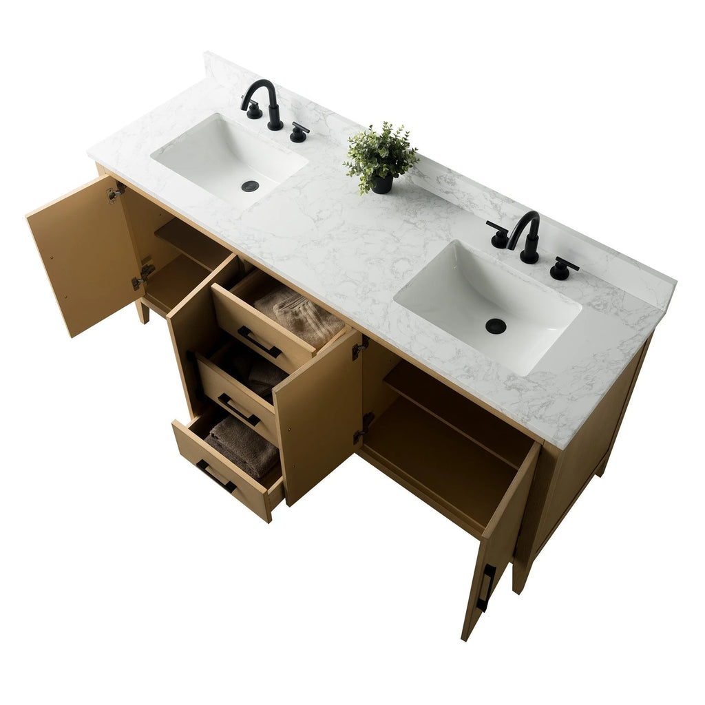 Vanity Art 72 Double Sink Bathroom Vanity Cabinet with Engineered Marble Top