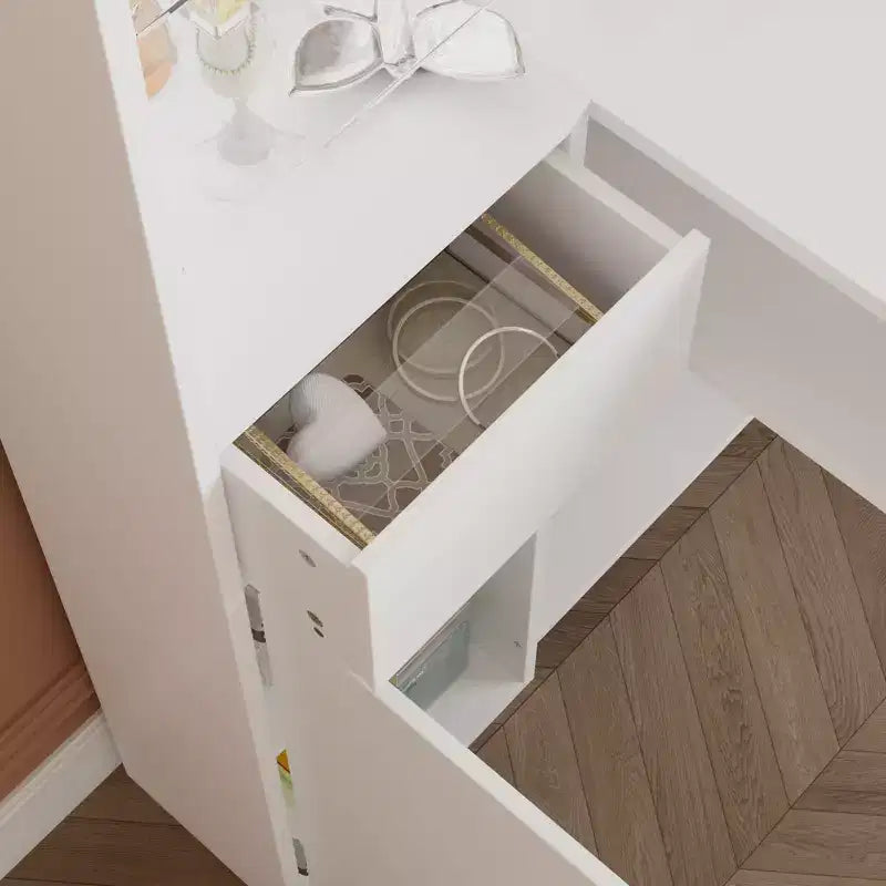 White Nail Table with Built-in Dust Extractor, Tempered Glass Display, Gold Handles Nail Salon Station Makeup Vanity Makeup Table