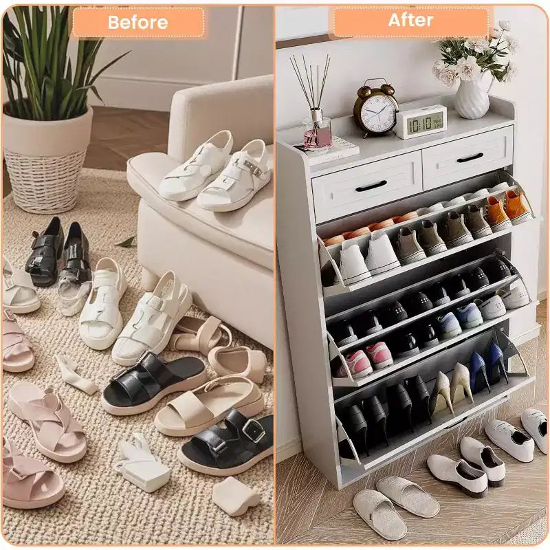 Meuble à chaussures avec 3 tiroirs basculants et 2 tiroirs de rangement, organiseur de chaussures étroit peu encombrant avec étagères réglables pour entrée, blanc