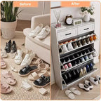 Meuble à chaussures avec 3 tiroirs basculants et 2 tiroirs de rangement, organiseur de chaussures étroit peu encombrant avec étagères réglables pour entrée, blanc