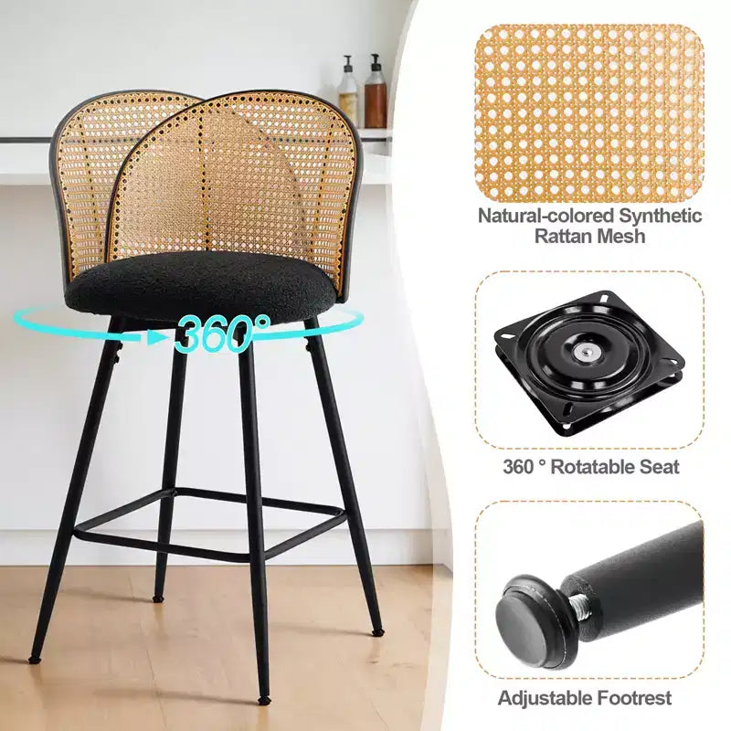 Bekrvio 26 Mid-Century Modern Swivel Bar Stools Set of 2/3/4, Boucle Upholstered Bar Chairs with Rattan Back & Metal Legs for Kitchen Counter