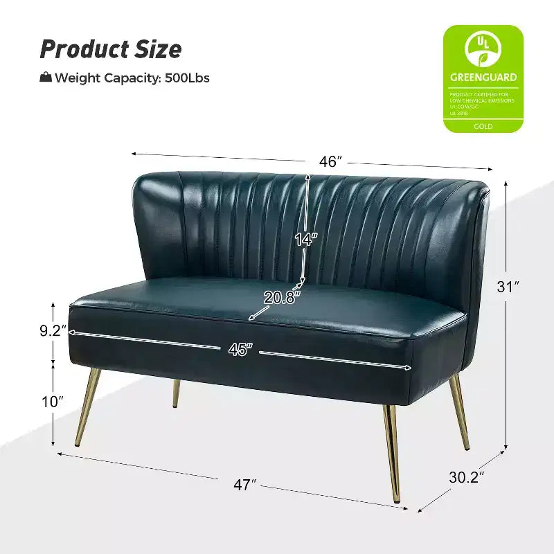 47 Contemporary Wingback Loveseat, Armless 2-Seater Sofa with Metal Legs for Living Room or Bedroom
