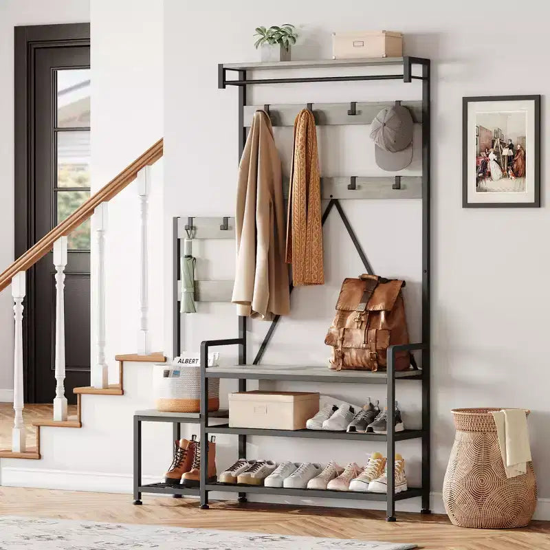 Entryway Shoe Storage Rack with Bench, Coat Rack Hall Tree with 7 Hooks and Storage Shelf, Entryway Coat Rack for Hallway Mudroom Bedroom