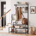 Entryway Shoe Storage Rack with Bench, Coat Rack Hall Tree with 7 Hooks and Storage Shelf, Entryway Coat Rack for Hallway Mudroom Bedroom